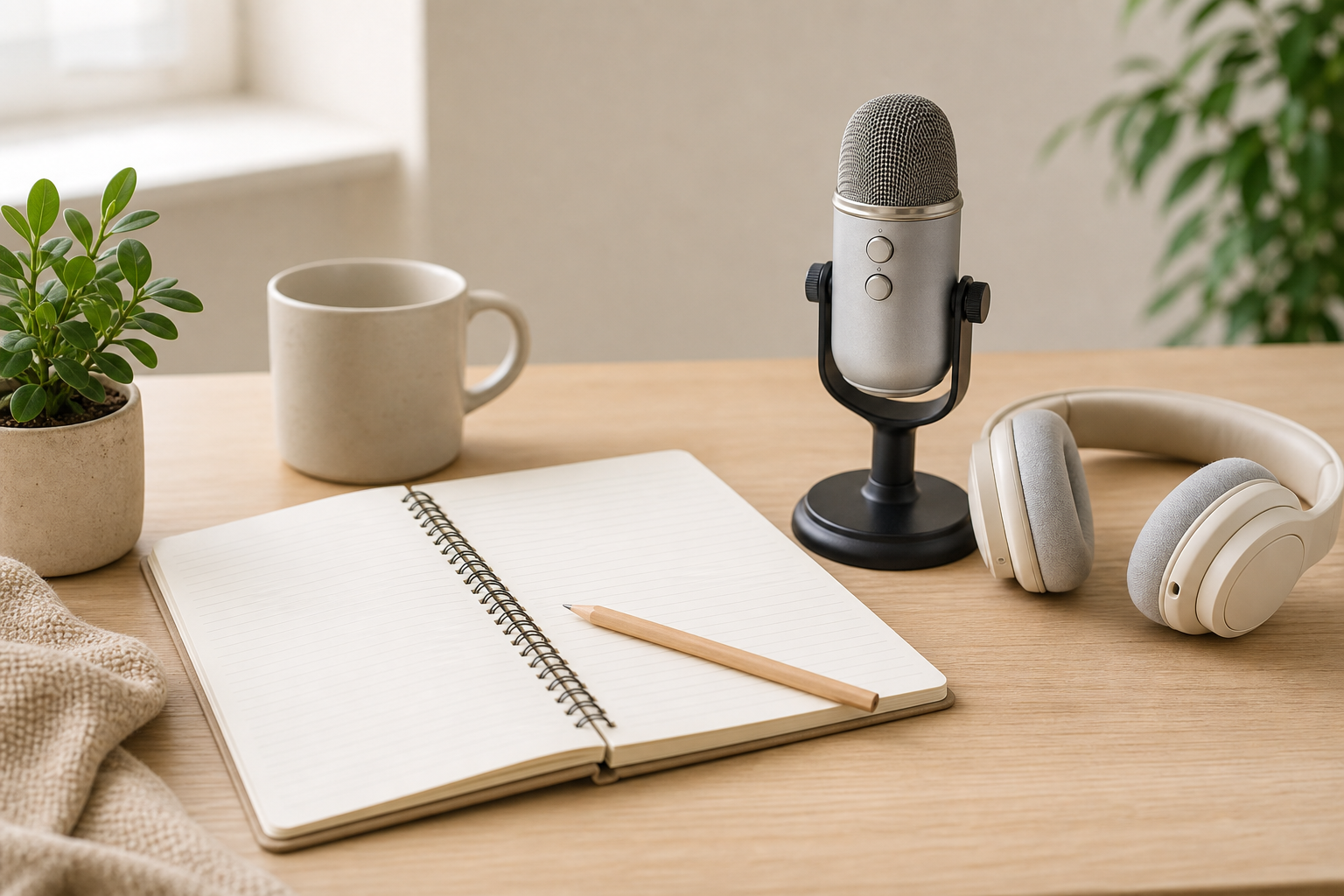 A calm ASMR learning setup with notebook, headphones, and microphone