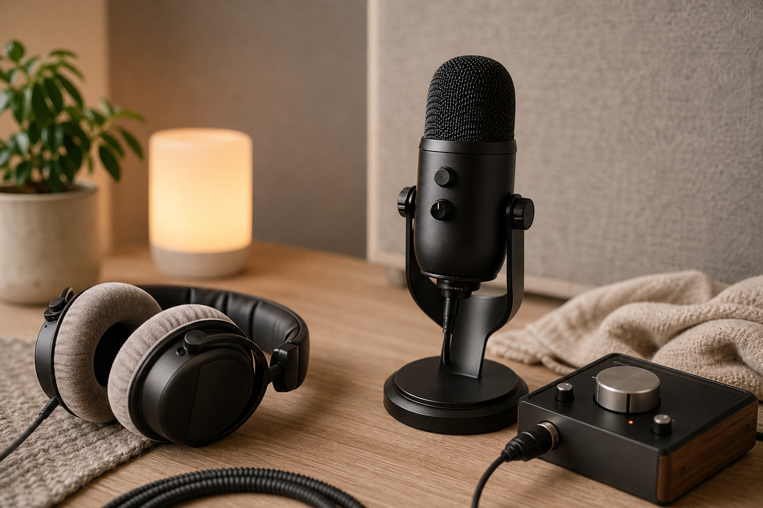 ASMR headphones and microphone gear on a clean desk