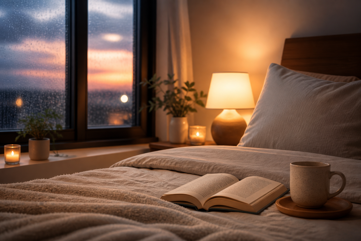A peaceful bedroom scene for sleep and relaxation